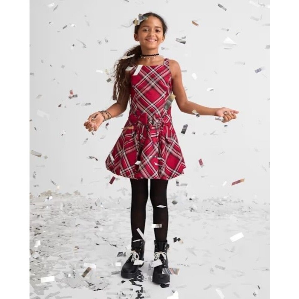 The Children's Place Girls Plaid Bubble Hem Dress Red Ochre Size 14 New - Picture 2 of 4